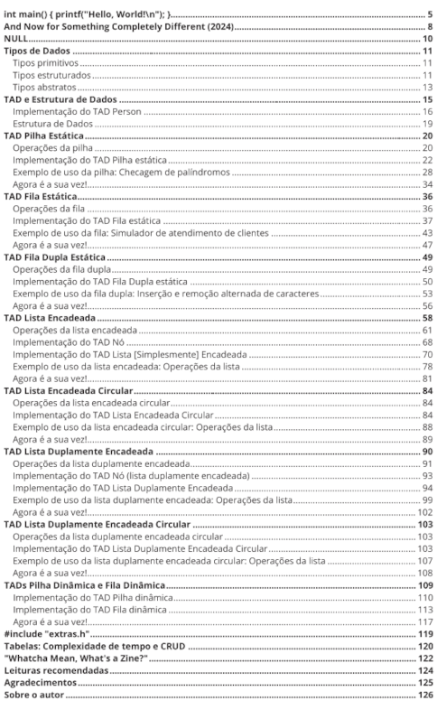 Sumário do zine Code Incomplete Zine - Edição Especial: Estruturas de Dados Lineares (2024)